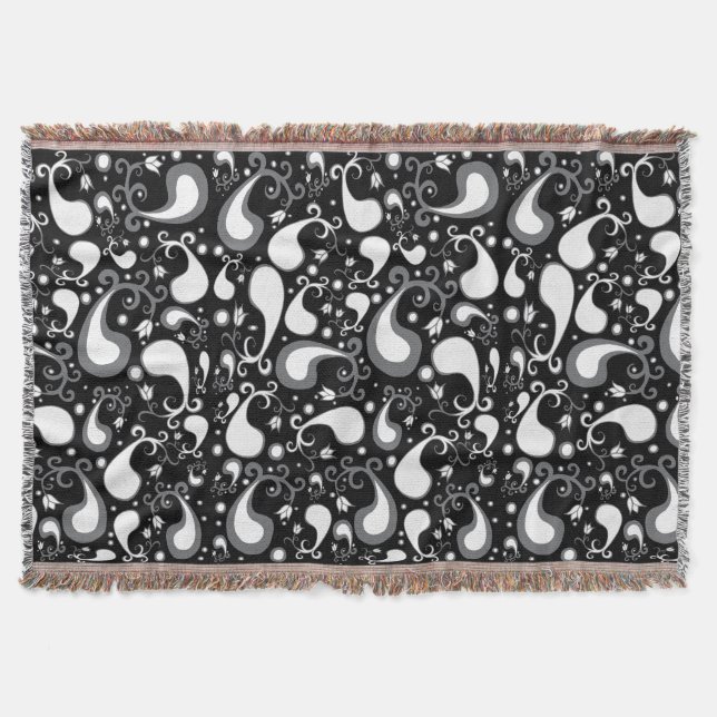 Cobertor Tulip Paisley Floral abstrato preto e branco (Frente)