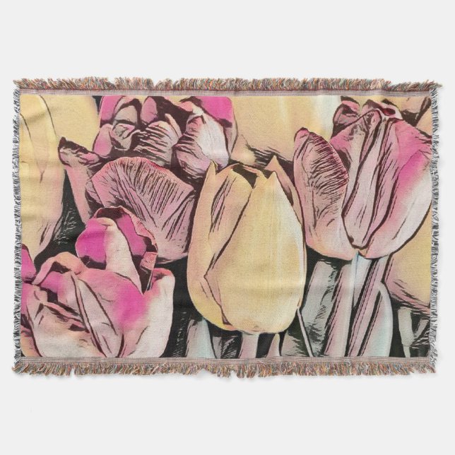 Cobertor Tulipas Amarelas Vermelhas Cor-de-rosa Desenho Ret (Frente)