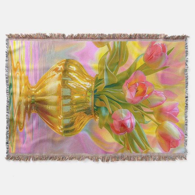 Cobertor Tulipas Rosa Vibrantes em Vase Ouro (Frente)