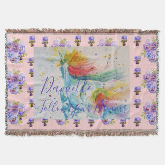 Cobertor Unicorn Watercolor Pink Floral Girls Name Blanket