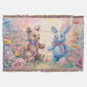 Cobertor Urso de pelúcia e coelho num jardim de pastel