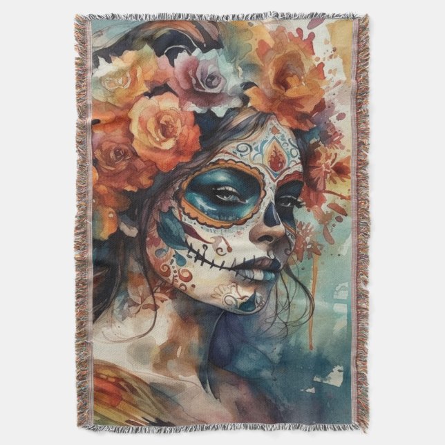 Cobertor Vibrant Watercolor Dia de los Muertos Catrina (Frente Vertical)