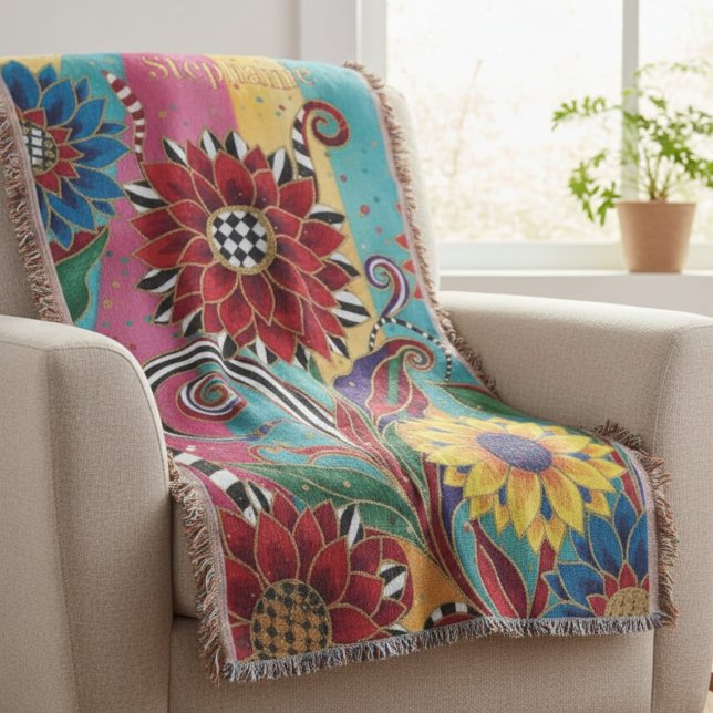 Cobertor Vibrante Flor de Girassol Caprichosa em Flor (Bright Whimsical personalized throw)