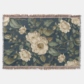 Cobertor Victorian Navy & Cream Floral Botanical Blanket