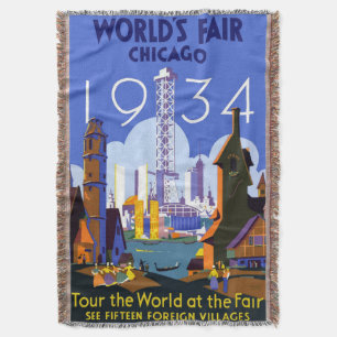 Cobertor Vintage Art Deco Chicago 1934 Fair Poster