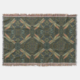Cobertor Vintage art nouveau green gold Dragonfly