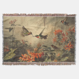 Cobertor Vintage, aves de capoeira e flores de cenas botâni