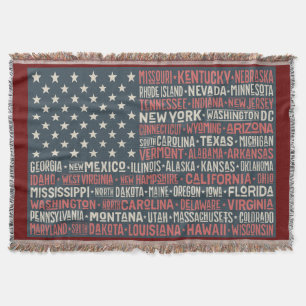 Cobertor Vintage Faded American Flag State Names Words Art