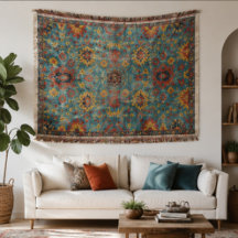 Vintage Persian Floral Rug Turquoise Blue & Gold B