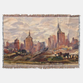 Cobertor Vintage Sepia NYC Skyline Art Throw