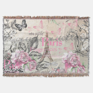 Cobertor Vintage typo black pink floral Paris Eiffel Torre