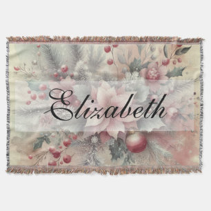 Cobertor Vintage Watercolor Christmas Floral and Ornaments