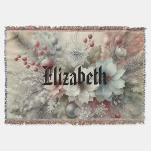 Cobertor Vintage Watercolor Christmas Floral and Ornaments