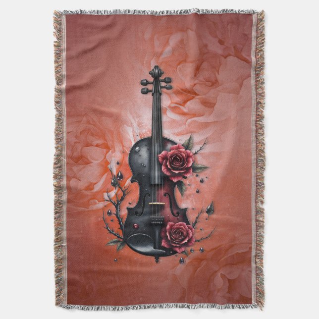Cobertor Violino preto gótico com rosas vermelhas (Frente Vertical)