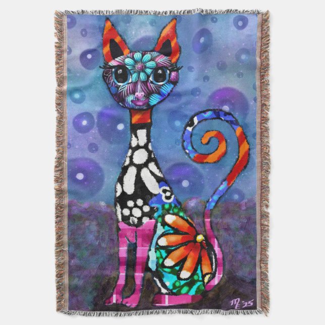 Cobertor Whimsical Big-Eyed Funky Abstract Kitty Cat (Frente Vertical)