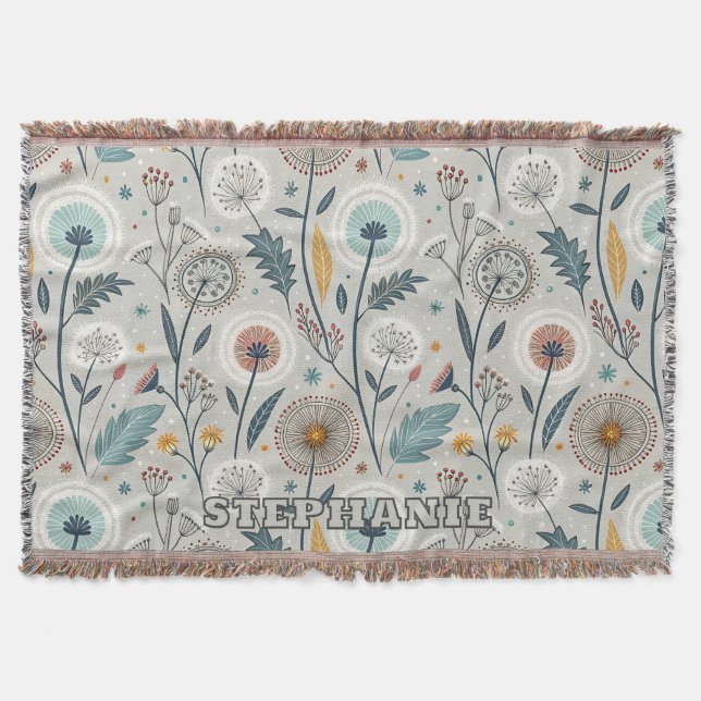 Cobertor Whimsical Dandelion & Floral Folk Art Seamless (Frente)