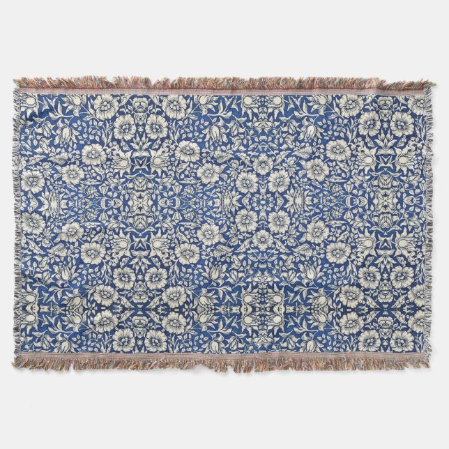 Cobertor William Morris Mallow Flowers Floral Azul Branco (Frente)