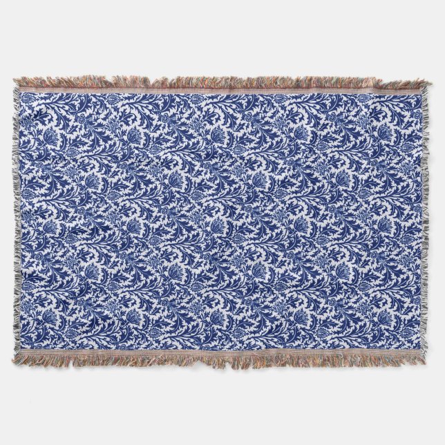 Cobertor William Morris Thistle Damask, Cobalto Azul e Bran (Frente)