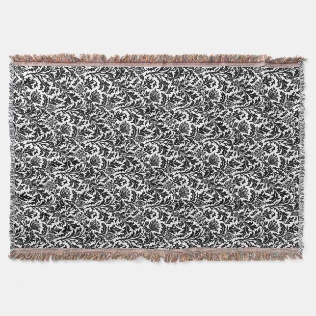 Cobertor William Morris Thistle Damask, Preto a Branco (Frente)