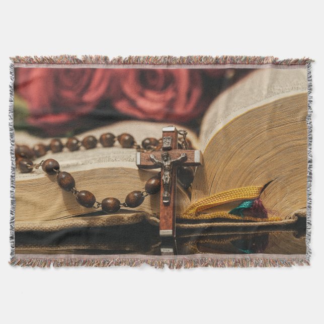 Cobertor Wooden Rosary com Jesus na Cruz (Frente)