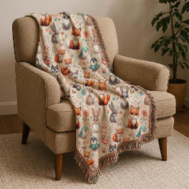 Cobertor Woodland Fox Bunny Watercolor Boho Nursery Blanket