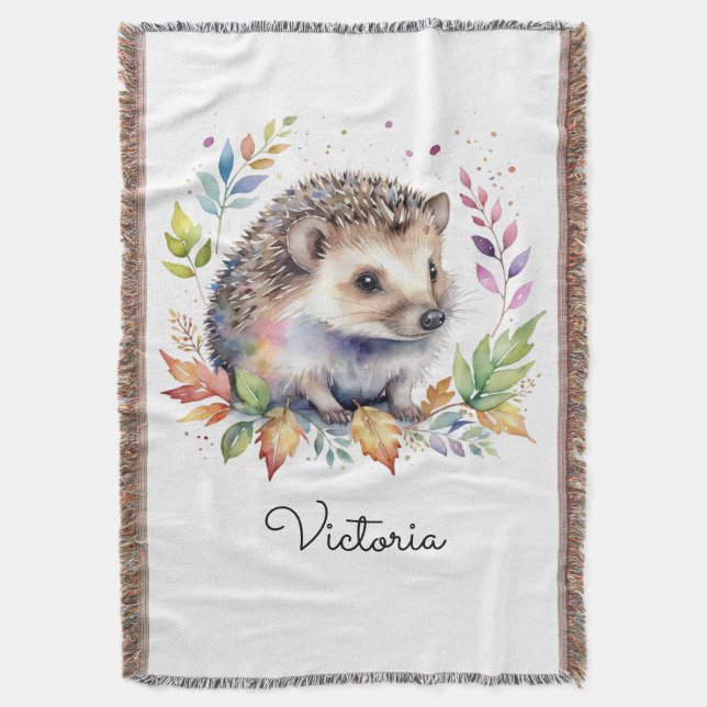 Cobertor Woodland Watercolor Hedgehog Cute Custom Name (Frente Vertical)