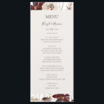 Cobre Burgundy | Menu Janto Casamento<br><div class="desc">Esta flor silvestre de cobre | o menu de janto de casamento é perfeito para a sua recepção de casamento rústica, branca, marsala. Design apresenta uma coroa boêmica ou um buquê de cor aquática roxa, vermelha, cinza e flores rosadas cor-de-rosa, juntamente com laranja queimada e verde-ouro. Apresentados no design são...</div>