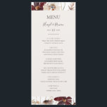 Cobre Burgundy | Menu Janto Casamento<br><div class="desc">Esta flor silvestre de cobre | o menu de janto de casamento é perfeito para a sua recepção de casamento rústica, branca, marsala. Design apresenta uma coroa boêmica ou um buquê de cor aquática roxa, vermelha, cinza e flores rosadas cor-de-rosa, juntamente com laranja queimada e verde-ouro. Apresentados no design são...</div>
