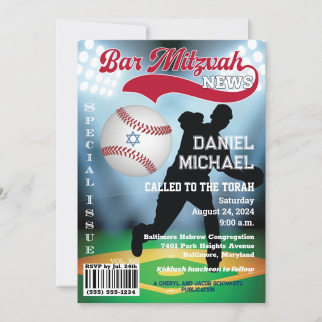 Cobrir de Revista Bar de Baseball Mitzvah Convite (Frente)