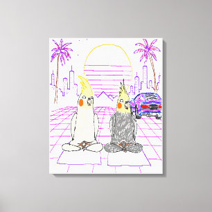 "Cockatiels Vaporwave Impressão em Tela Pôr do Sol