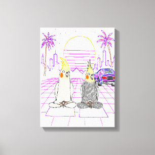 "Cockatiels Vaporwave Impressão em Tela Pôr do Sol