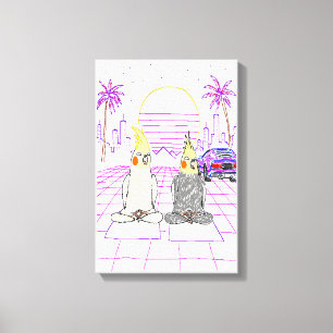"Cockatiels Vaporwave Impressão em Tela Pôr do Sol