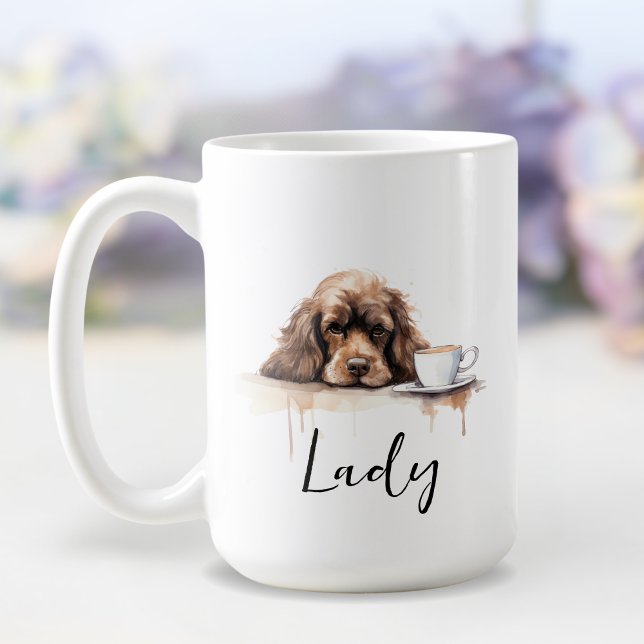 Cocker Spaniel com caneca de café, cão com atitude (Criador carregado)