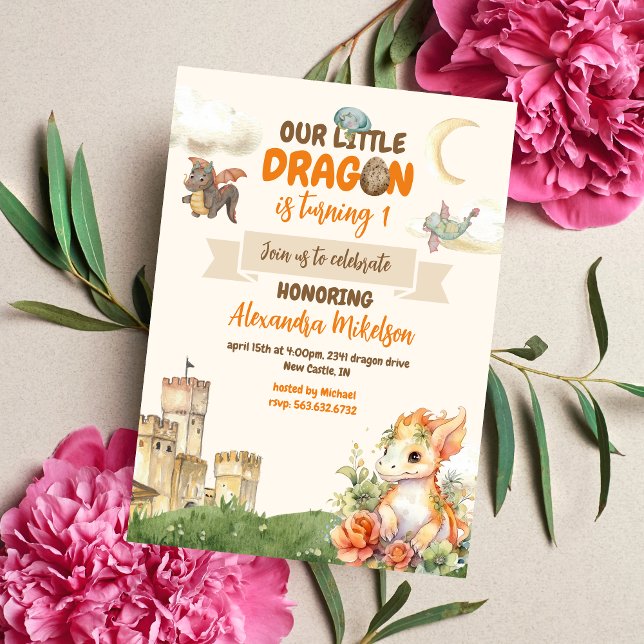 Cód. Água primeiro aniversario Dragão Dragão Bebê (Create Magic with Cute Watercolor Dragon Baby 1st Birthday Invitation )