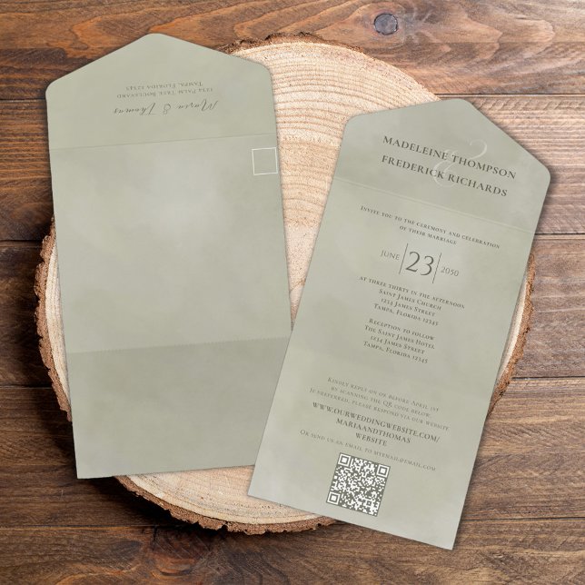 Cód. QR Elegante Online RSVP Sage Watercolor Verde (Elegant Green All in One Wedding invitation with Scannable QR code.)