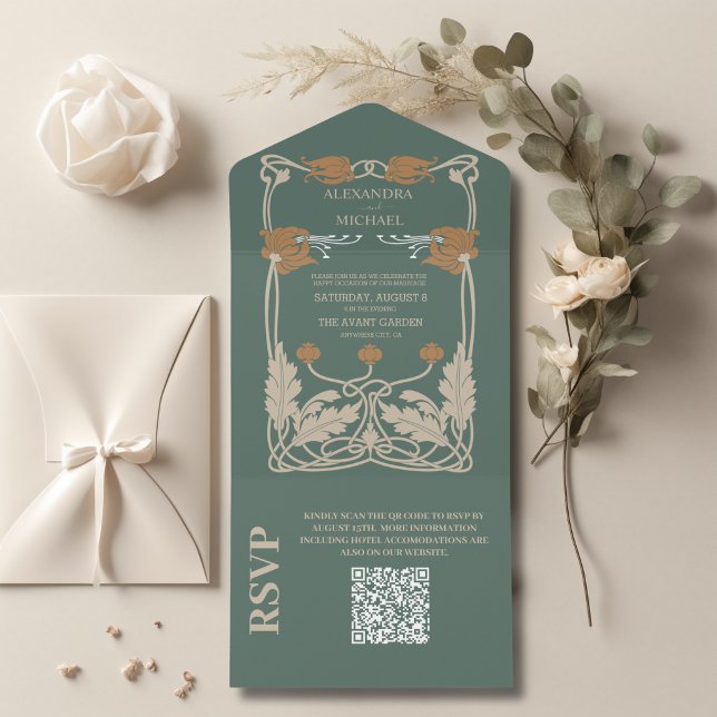 Código QR Arte Verde Nouveau Casamento (Criador carregado)