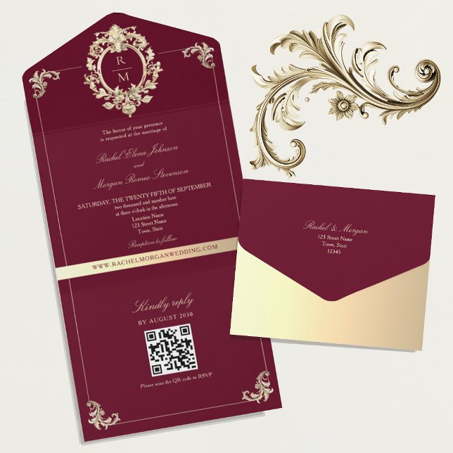 Código QR Barroco Borgonha Dourado Casamento (Criador carregado)