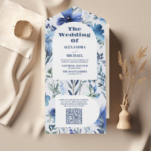 Código QR Blue Watercolor Flores Selvagens Casamen