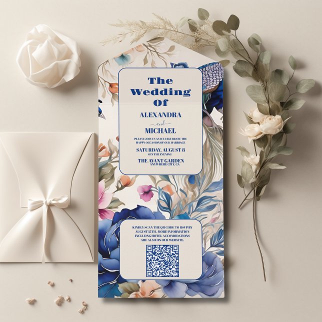 Código QR Blush Floral Peacock Chinoiserie Casamen (Criador carregado)