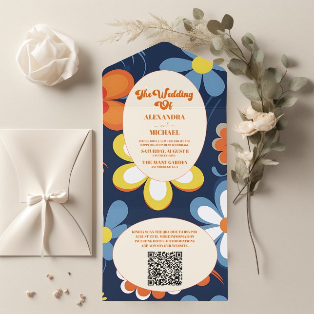 Código QR Boho Retro Casamento Floral (Criador carregado)