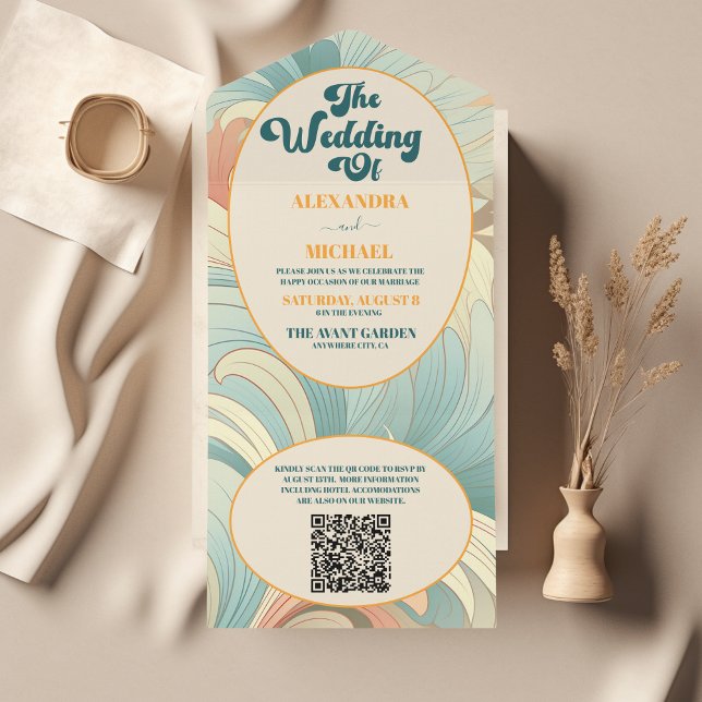 Código QR Boho Retro Colorido Floral Casamento  (Criador carregado)