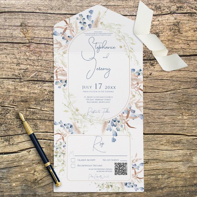 Código QR Branco das Flores de Boho Secas Azuis e  (Criador carregado)