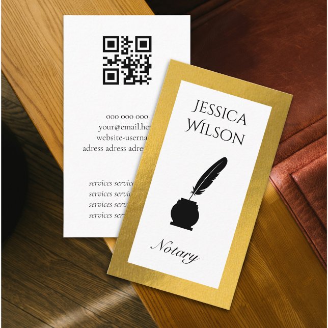 Código QR - cartão de visita de quadro em ouro de  (QR code notary feather gold frame business card)