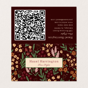 Código QR Cartão de visita Floral Burgandy Dobrado