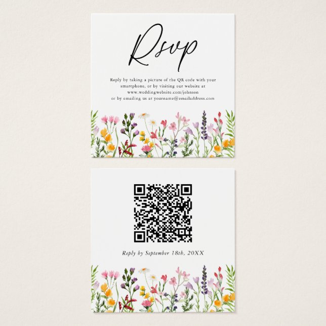 Código QR Cartão RSVP de Casamento de Flor Selvage (Frente & Verso)