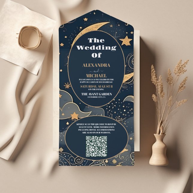 Código QR Casamento Celestial Azul Dourado à Meia- (Criador carregado)