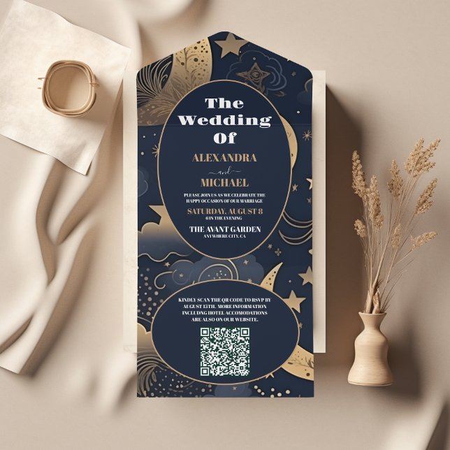 Código QR Casamento Celestial Azul Dourado à Meia- (Criador carregado)
