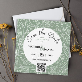 Código QR Casamento com Caligrafia Floral Verde Mo