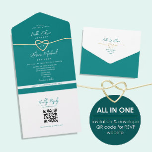 Código QR Casamento Coração Dourado Turquesa
