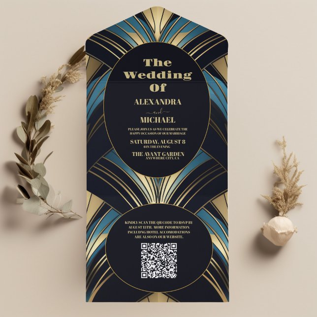 Código QR Casamento de Deco Azul e Dourado (Criador carregado)